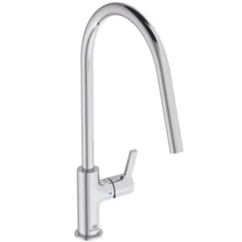 Küchenarmatur aus Chrom von Ideal Standard mit einem gebogenen Auslauf und einem seitlichen Hebel. Klar strukturierte Form, geeignet für moderne Küchen.